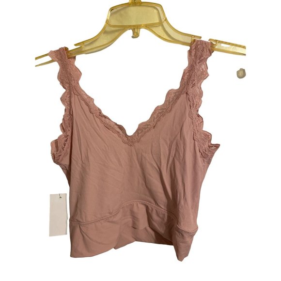 Women's Lace Brim Cropped Tank Top - BKK Chance Dusty Pink Large - Picture 3 of 7
